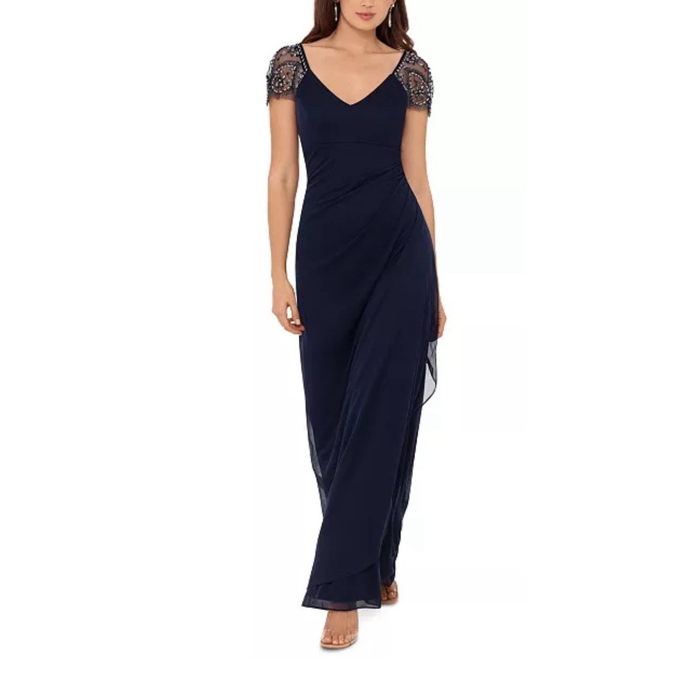 Xscape Elegant Navy Dress with Beaded Sleeves